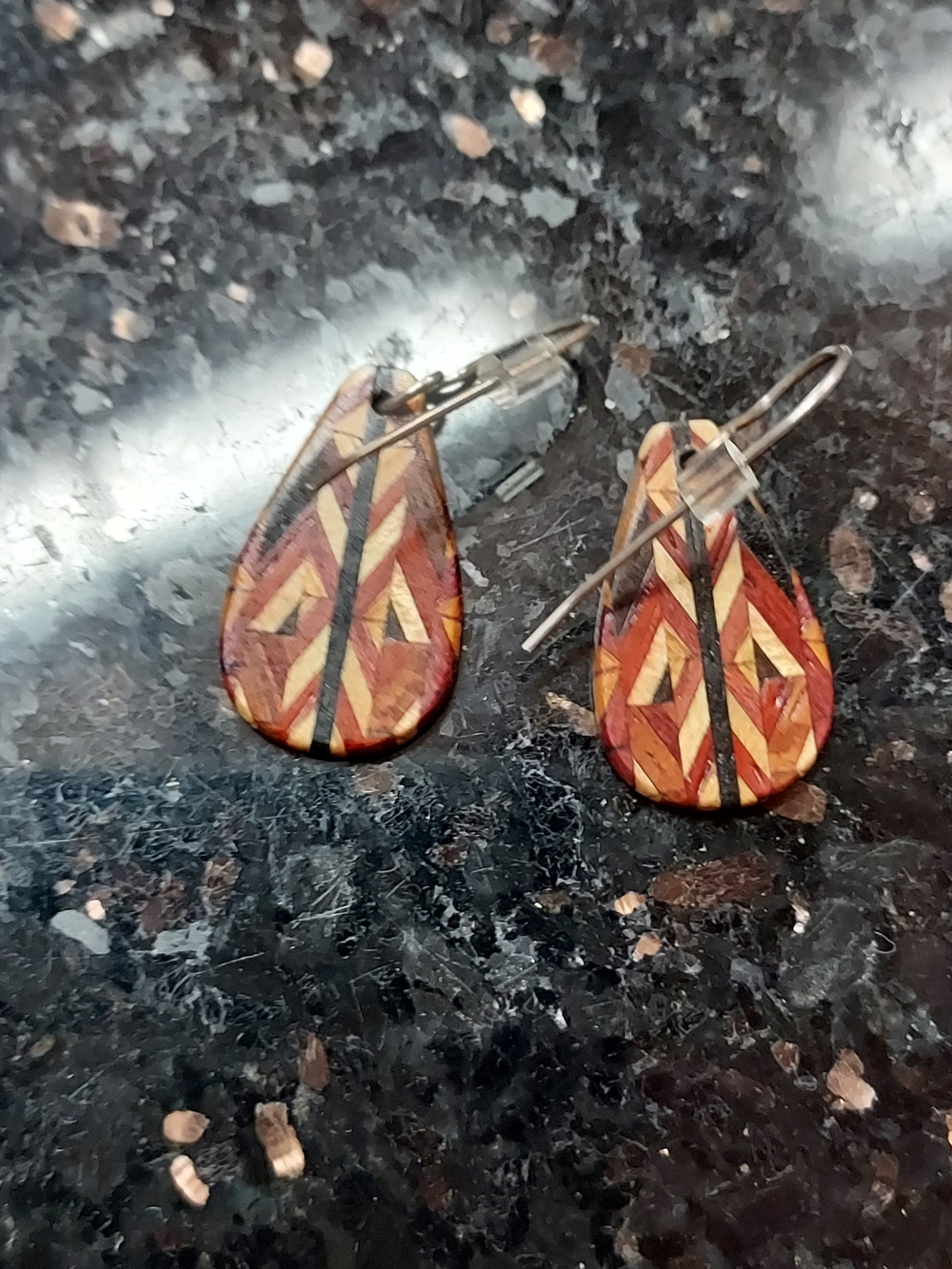 Handcrafted Teardrop Wood Inlay Earrings - Red & Gold